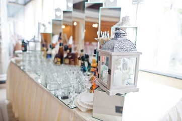 Dessert table of delicious sweets on wedding reception.