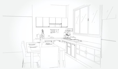 Hand drawn kitchen furniture. Vector illustration in sketch style. vector illustration kitchen furniture and equipment.