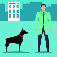 The concept of the hospital for animals. Vector illustration on a blue background with a picture of a veterinarian and a dog.