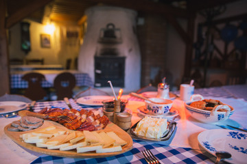 Traditional Hungarian bio breakfast with tea.  