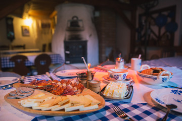Traditional Hungarian bio breakfast with tea.  