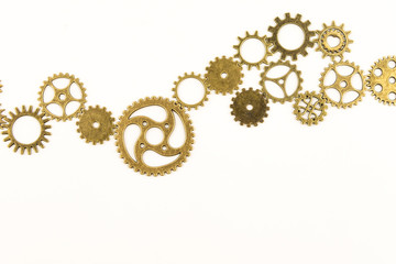 metallic gears background / Closeup of metal cog gears / close up texture pattern steampunk style and old mechanical peaces / decorative frame