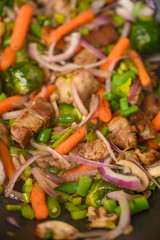 Wok, close-up, shredding meat with vegetables. Delicious food, culinary background, gastronomy. Vertical frame.