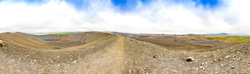Panoramic picture over colorful Hverir geothermal area from Hverfjall volcano crater on Iceland in...
