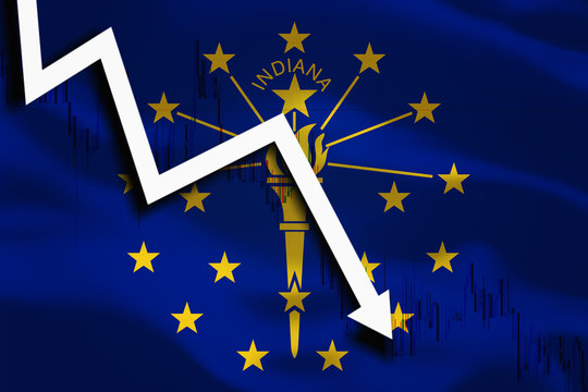 Indiana US State background with waving flag white arrow and stocks chart fall down.
