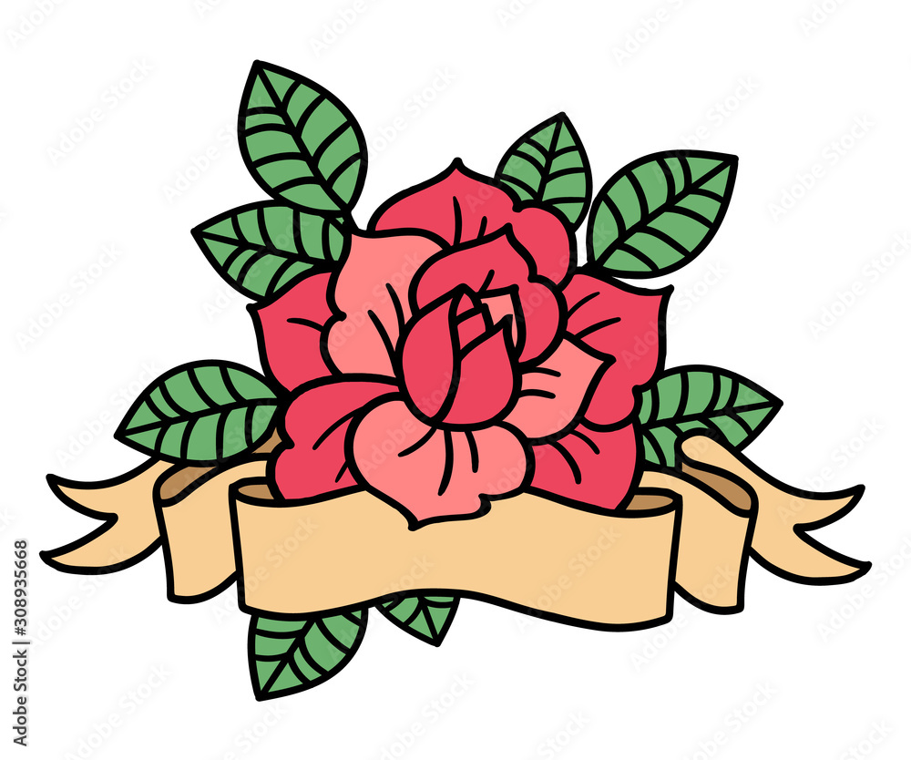 Wall mural rose tattoo with ribbon . vector illustration art. vintage engraving.