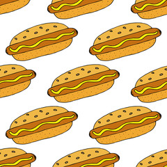 Hot dog. Seamless pattern. hand drawn vector illustration.