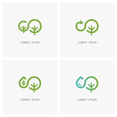 Nature logo set. Green tree and small sapling, apple, leaf and drop of water symbol - ecology and environment, agriculture and gardening icons.