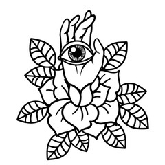 Rose and eye tattoo with hand. Vector illustration art. Vintage engraving.