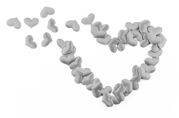 Valentines Day Heart Made of Red little cloth material hearts Isolated on White Background. Big Red Love Heart / seamless close up gift card / wedding