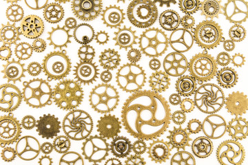 Fototapeta na wymiar metallic gears background / Closeup of metal cog gears / close up texture pattern steampunk style and old mechanical peaces / decorative frame