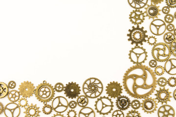 metallic gears background / Closeup of metal cog gears / close up texture pattern steampunk style and old mechanical peaces / decorative frame