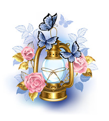 Kerosene lamp with pink roses