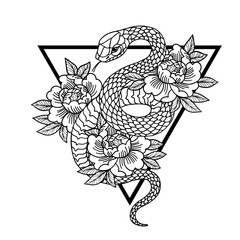 Tattoo with rose and snake with sacred geometry frame.