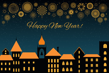 Vector illustration with golden fireworks in the night sky over the black city, text Happy New Year. Flat style design. Concept for holiday celebration, background, card, poster, banner.