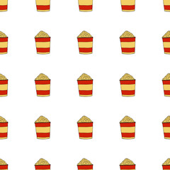 Popcorn in a striped box.A bucket of pop-corn. Seamless pattern. hand drawn vector illustration.