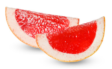 Two slices of fresh ripe grapefruit isolated on white.