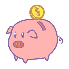 cute cartoon pastel piggy bank and gold coin isolated on white background