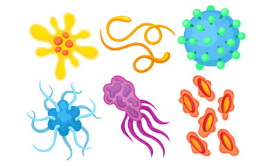 Fototapeta na wymiar Bacterias and Germs Collection, Different Types of Microbes, Viruses, Protozoans Vector Illustration