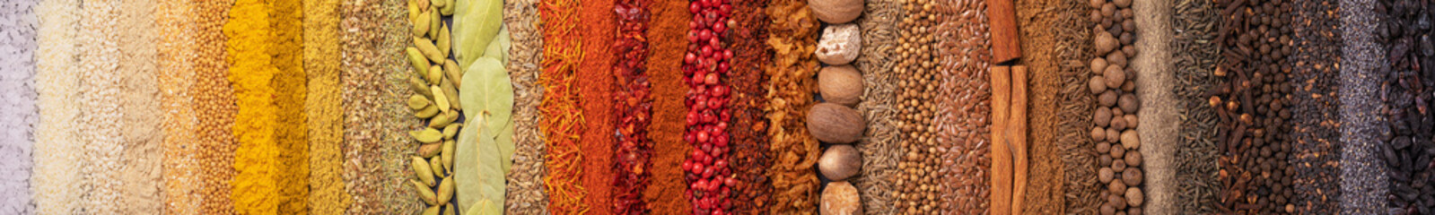 Seasoning, spice and herbs background. Panoramiс background with various condiments for food, top...