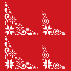 Christmas vector corner set - Scandinavian style, folk design elements with snowflakes in white on red background