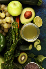 Healthy green smoothie and ingredients - detox and diet for health