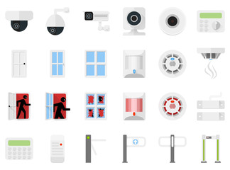 Security system set icons of video cameras, detectors, turnstiles, access control. Vector stock illustration