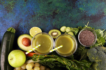 Healthy green smoothie and ingredients - detox and diet for health