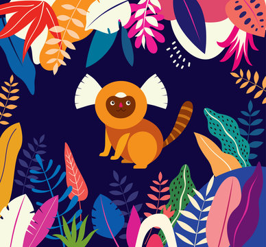 Vector colorful illustration with tropical flowers, leaves and monkey. Brazil tropical pattern. © moleskostudio