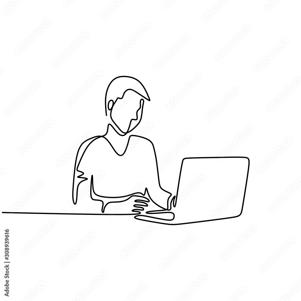 Aufkleber one line drawing of man working with laptop computer vector business theme. person sitting and doing