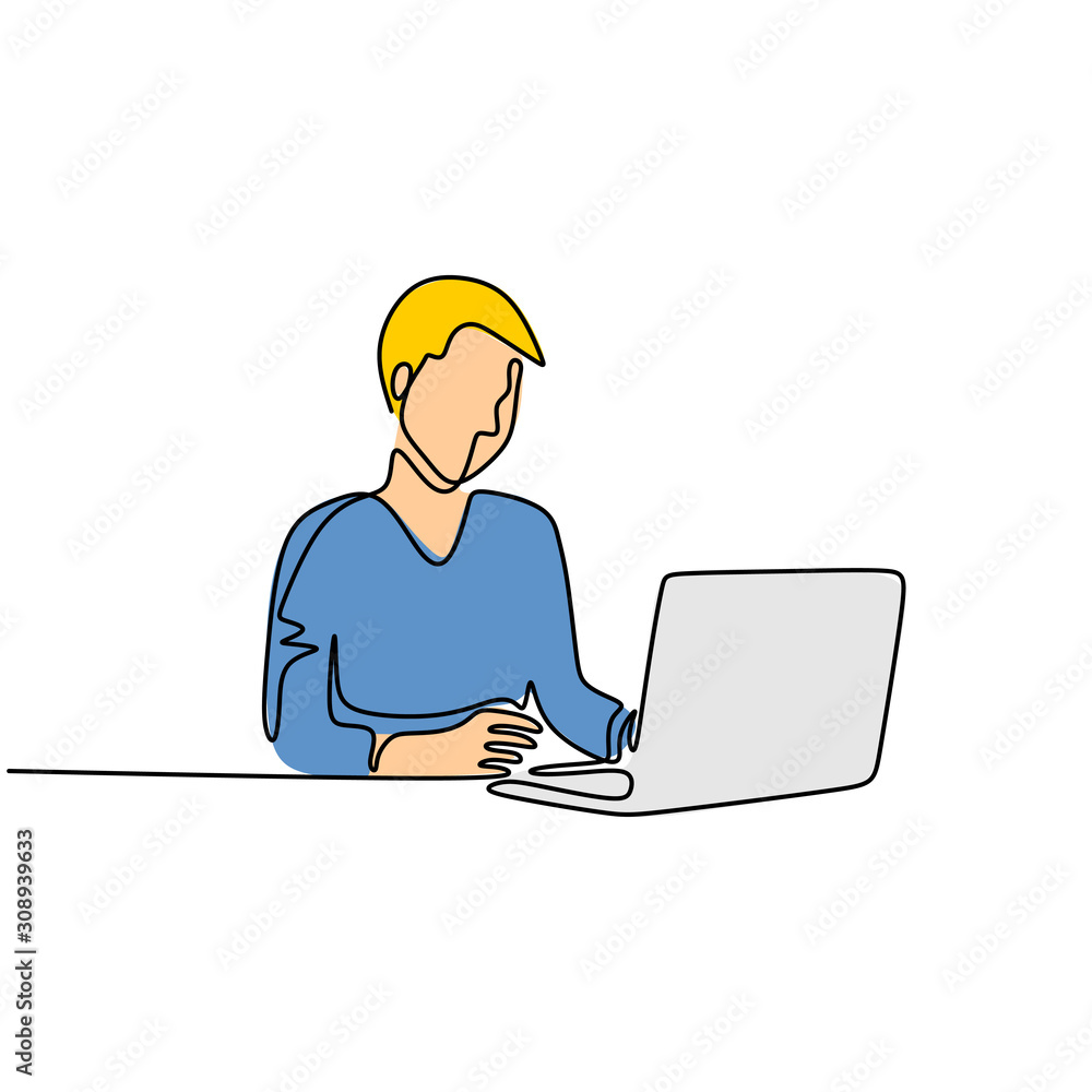 Poster continuous line drawing of man doing jon working on laptop computer