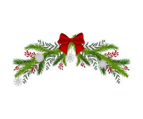 Christmas Tree Branch with Colorful Bow in the Middle Vector Illustration