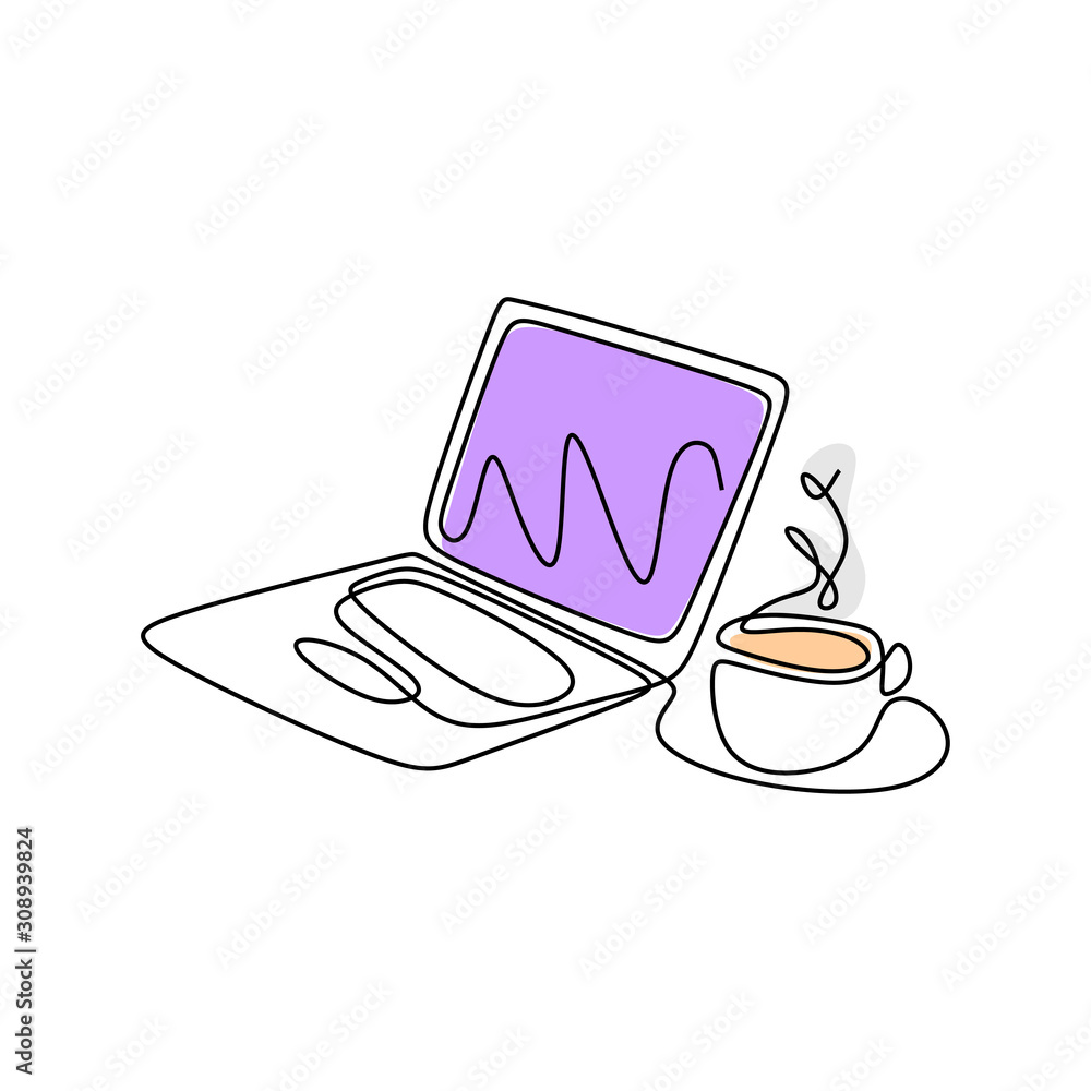 Poster continuous one line drawing of laptop computer with coffee. symbol of working creative. metaphor bus