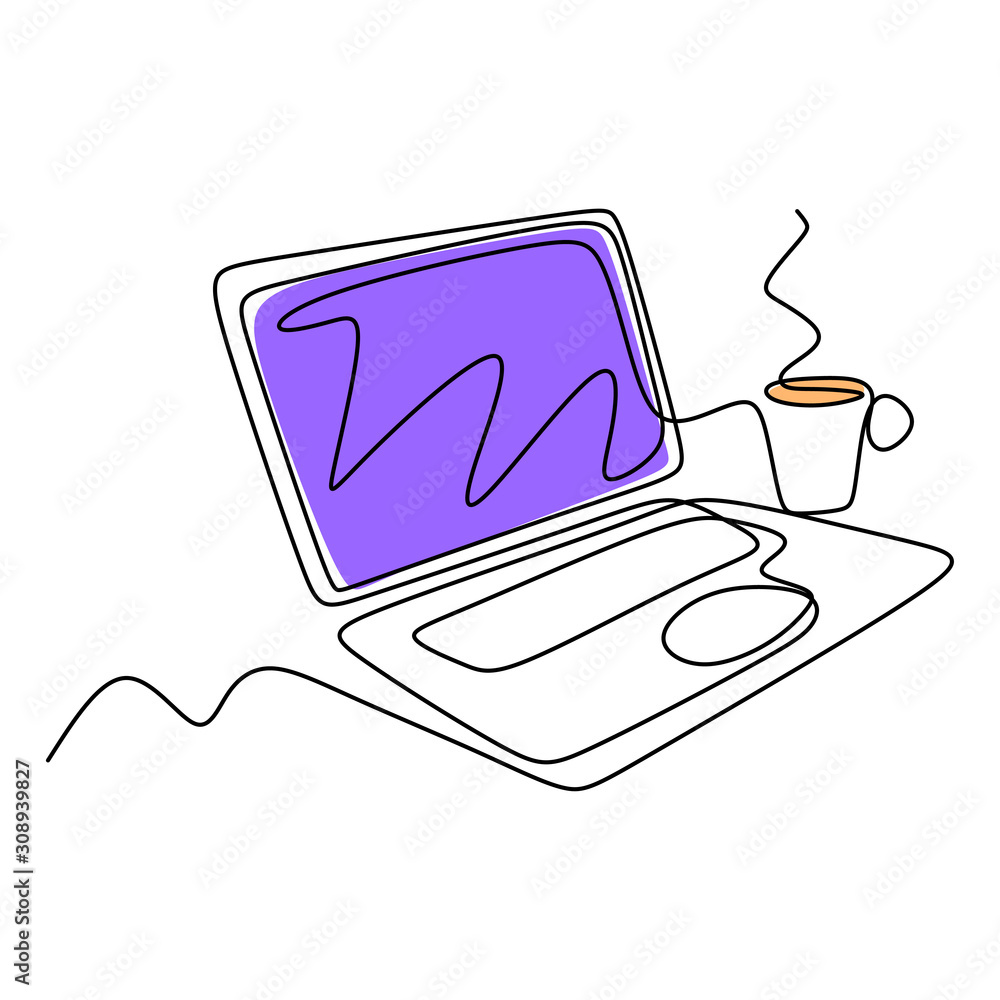 Poster continuous one line drawing of laptop computer with coffee. symbol of working creative. metaphor bus