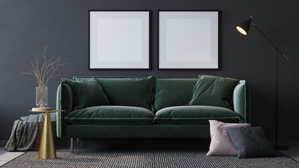 sofa in dark room 3d render