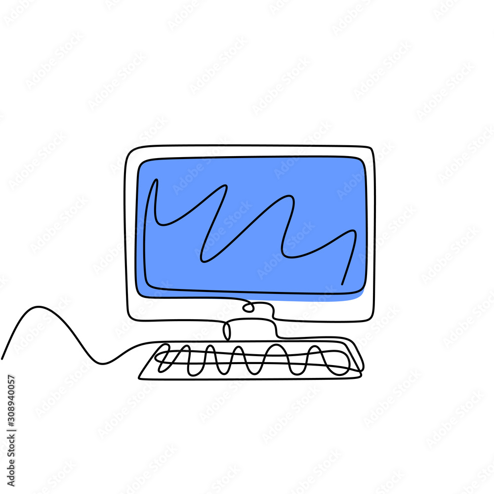 Poster continuous one line drawing of monitor computer. minimalism design display technology screen.