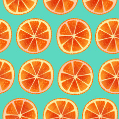 cartoon graphic sliced orange fruit seamless pattern on green background