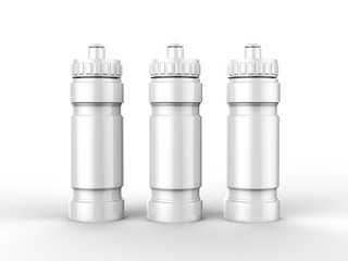 White blank plastic sport drink bottle mockup for fitness on isolated white background, 3d Illustration