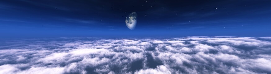 The moon over the clouds, panorama of the clouds, flight over the clouds. 3d rendering.