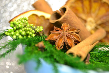 Selective focus christmas anise, cinnamon, dry orange, star shape slice with badian, clove spices, green pine and spruce branch in blue plate. Defocused white bokeh. Winter holiday macro close up