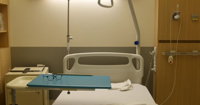 empty view of medicalised bed for elderly during night. soft light and quiet atmosphere for heavy healthcare. Paris, France, 1.12.19