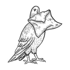 Postal dove pigeon with letter sketch engraving vector illustration. T-shirt apparel print design. Scratch board style imitation. Black and white hand drawn image.