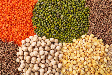 Different grains and cereals as background, top view