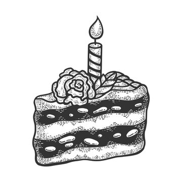 Birthday piece of cake bakery product sketch engraving vector illustration. T-shirt apparel print design. Scratch board style imitation. Black and white hand drawn image.