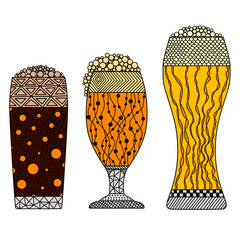 three glasses of zenart beer on white background, beer foam, doodle, zentangle, color drawing, printable, wall art,for t-shirts