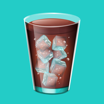 cartoon cola fizzy soda ice drink in glass on blue background