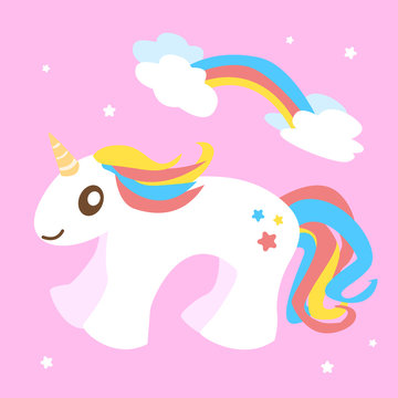 rainbow cartoon cute kawaii unicorn graphic on pink background