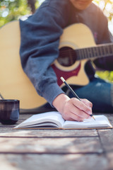 Music creator, Music composer's work area in nature, Close-up