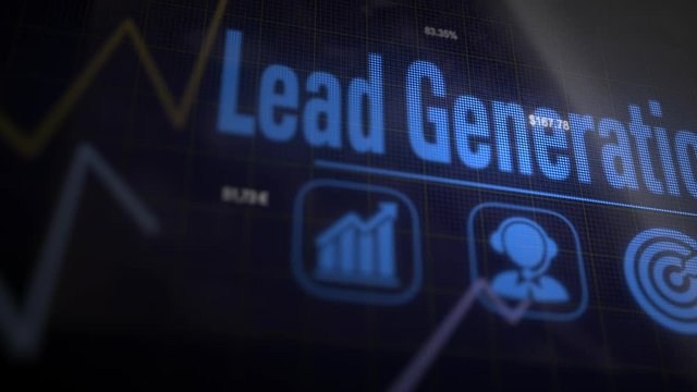 Lead Generation business concept on a flashing computer monitor with moving graphs and data.