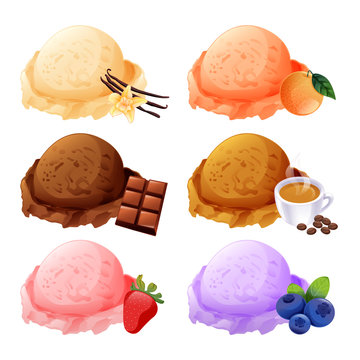 graphic ice cream 6 flavor vanilla, orange, chocolate, coffee, strawberry, blueberry isolate on white background